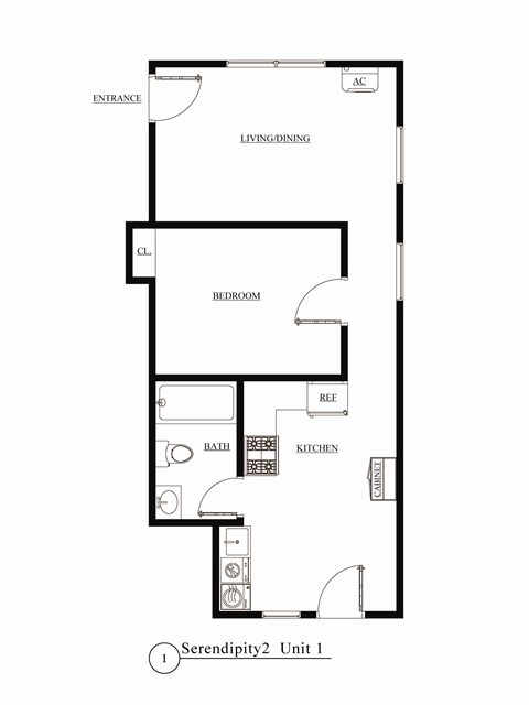 Floor plan for 1 bed, 1 bath, 510 sqft